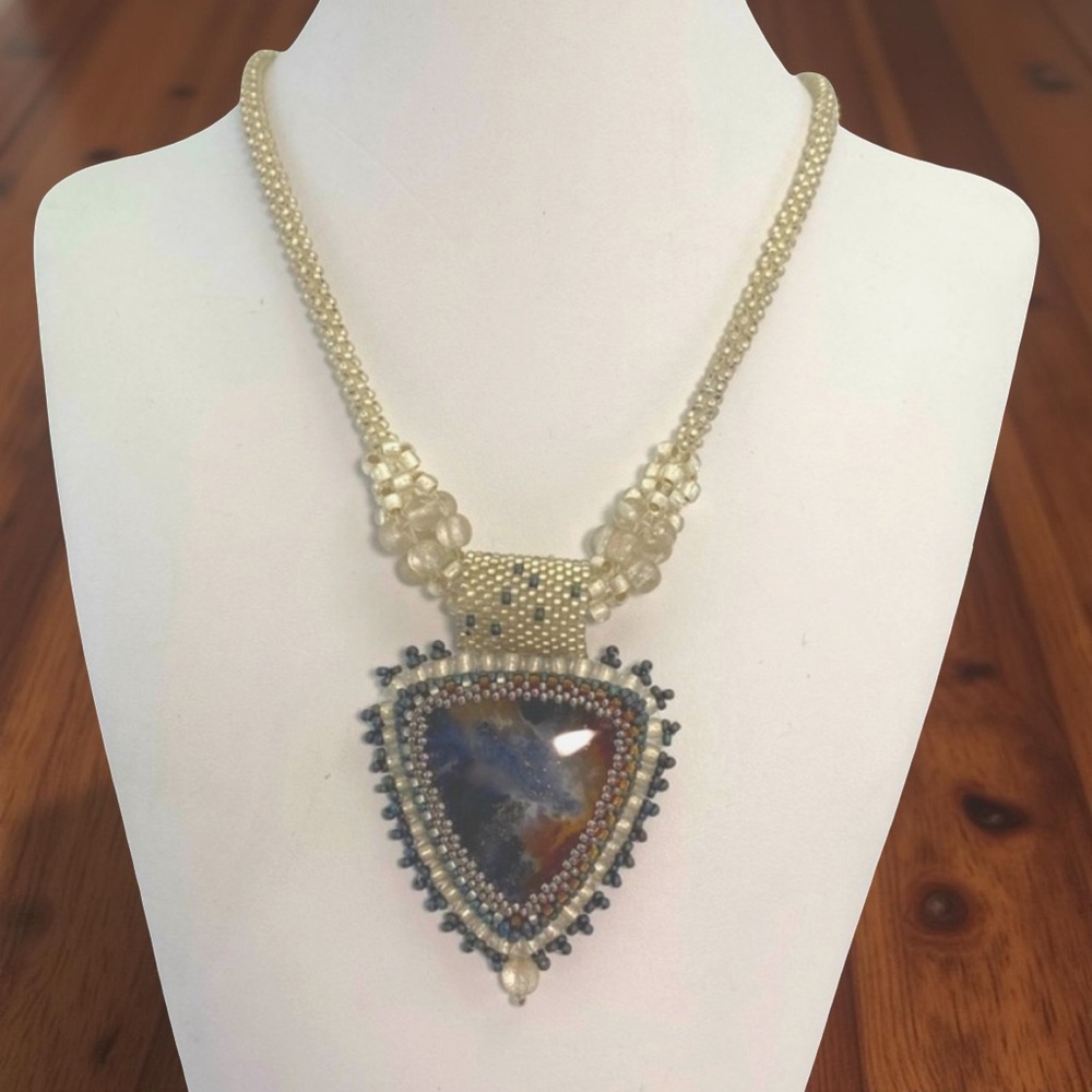 Artisan Bead Embroidered Necklace w/ Gorgeous Stone